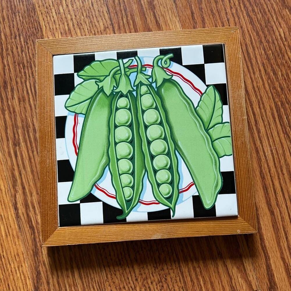 7” x 7” vintage wood & tile peas trivet / wall hanging cottagecore kitchen decor